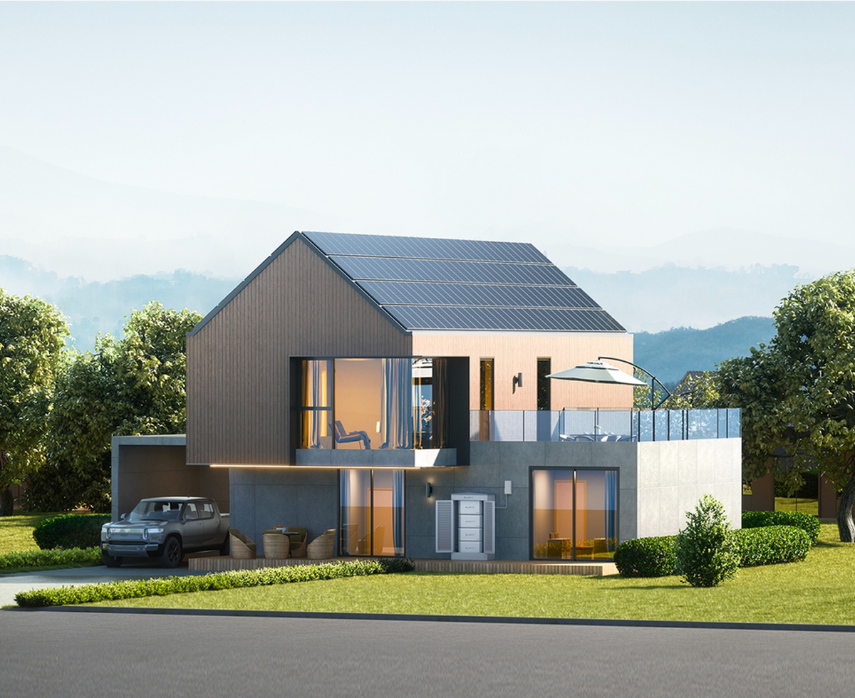 A modern residential house featuring solar panels on the roof and solavita solar inverter system installed on the wall, demonstrating a sustainable energy solution for homeowners. The home is surrounded by greenery, with a clean and eco-friendly design