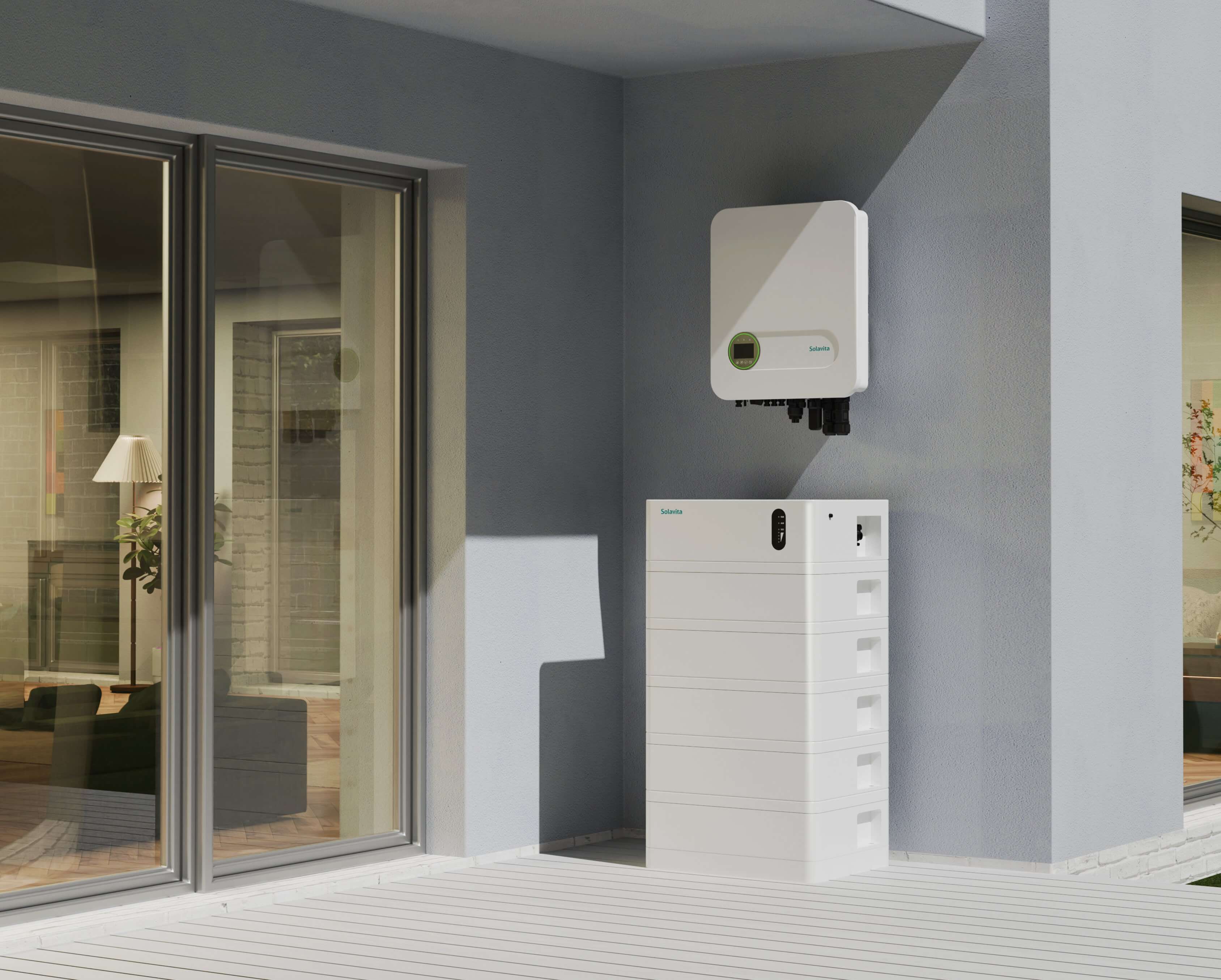 A residential solar energy system featuring a Solavita inverter mounted on a wall above a white energy storage unit, with large windows and a modern, well-lit interior visible in the background.