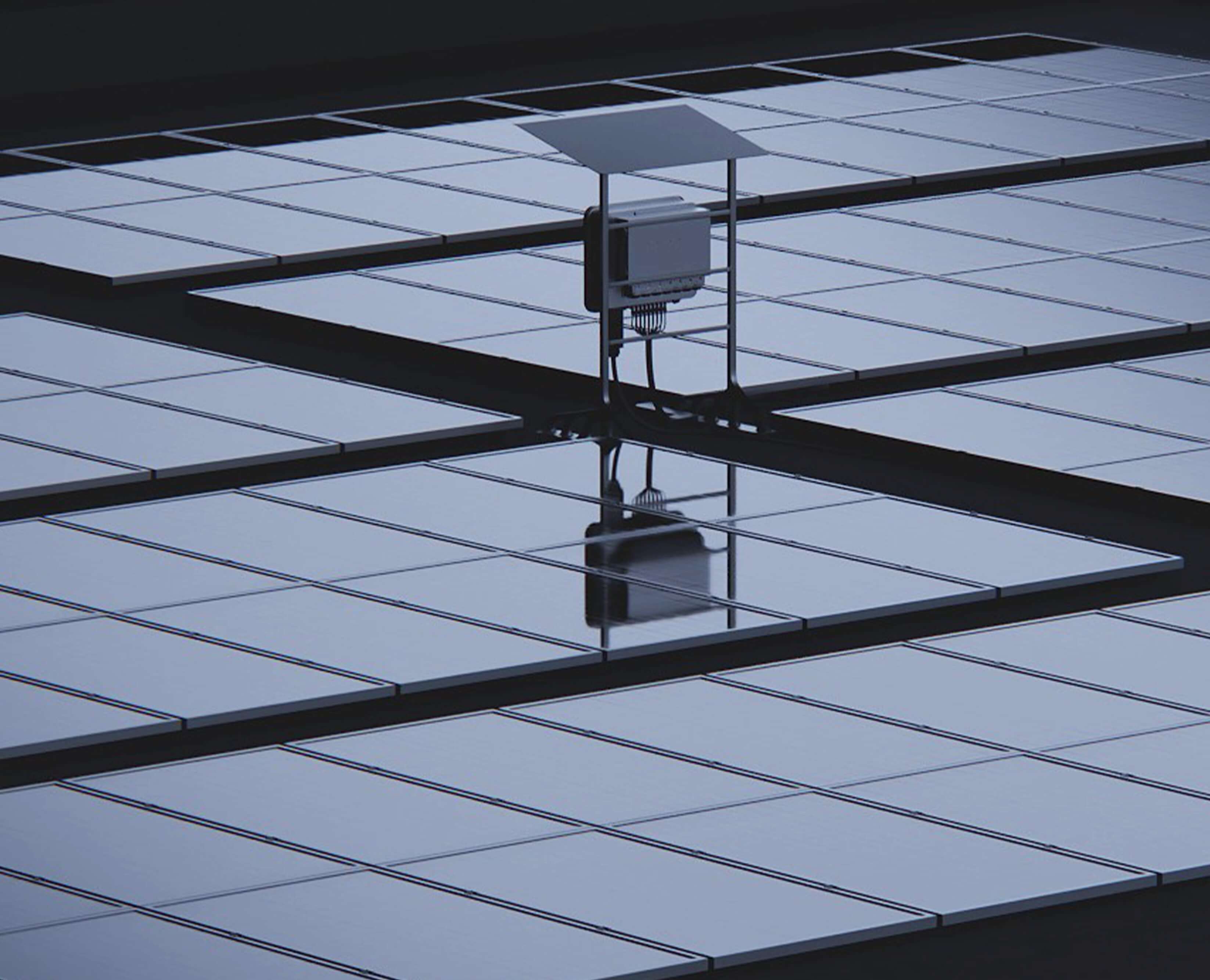 "Solavita inverter mounted under a canopy on a large flat solar panel array, with sleek reflective lurface in low Light"