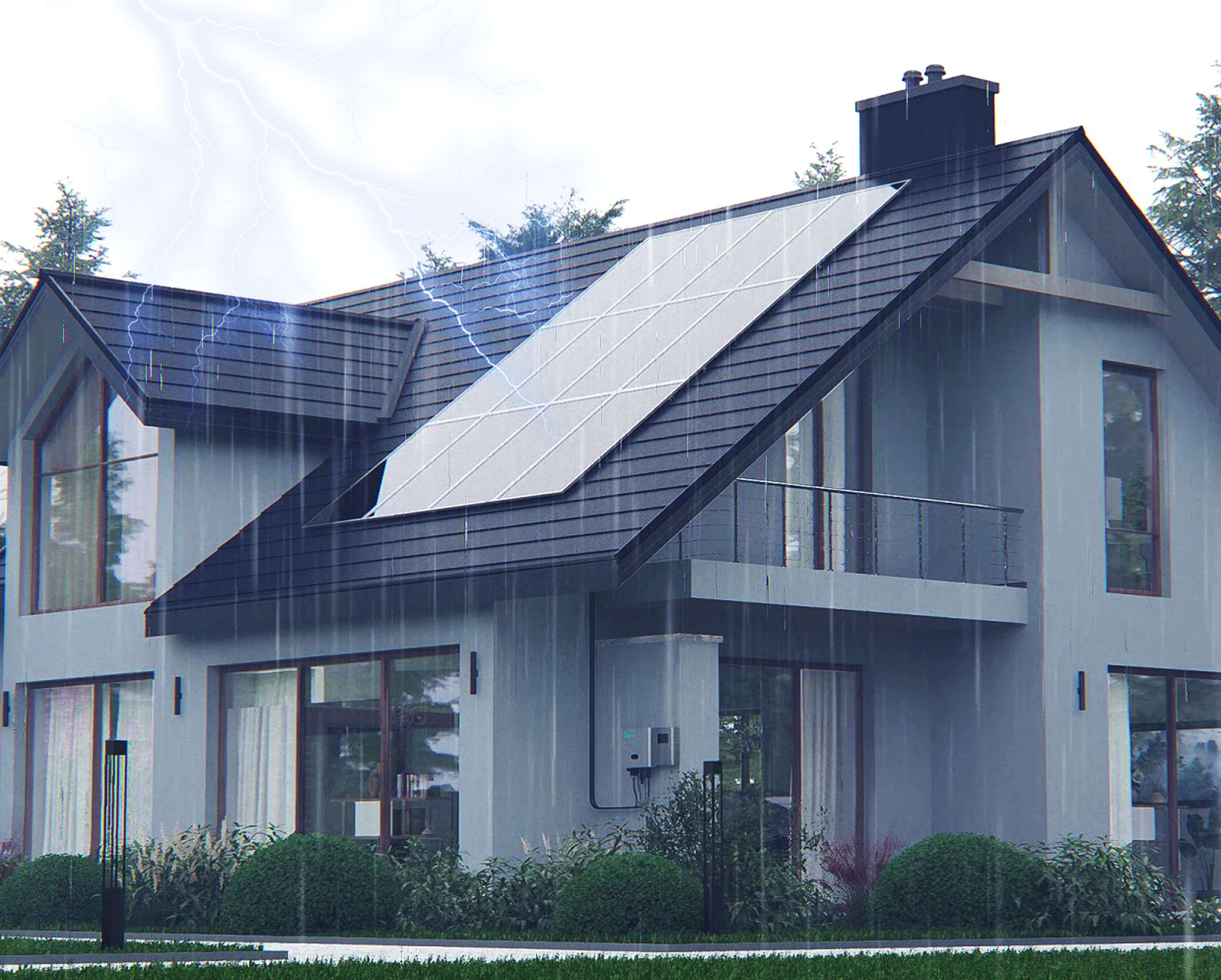 Solavita hybrid inverter with IP66 rating installed on a home with solar panels, during rainy weather with lightning in the background