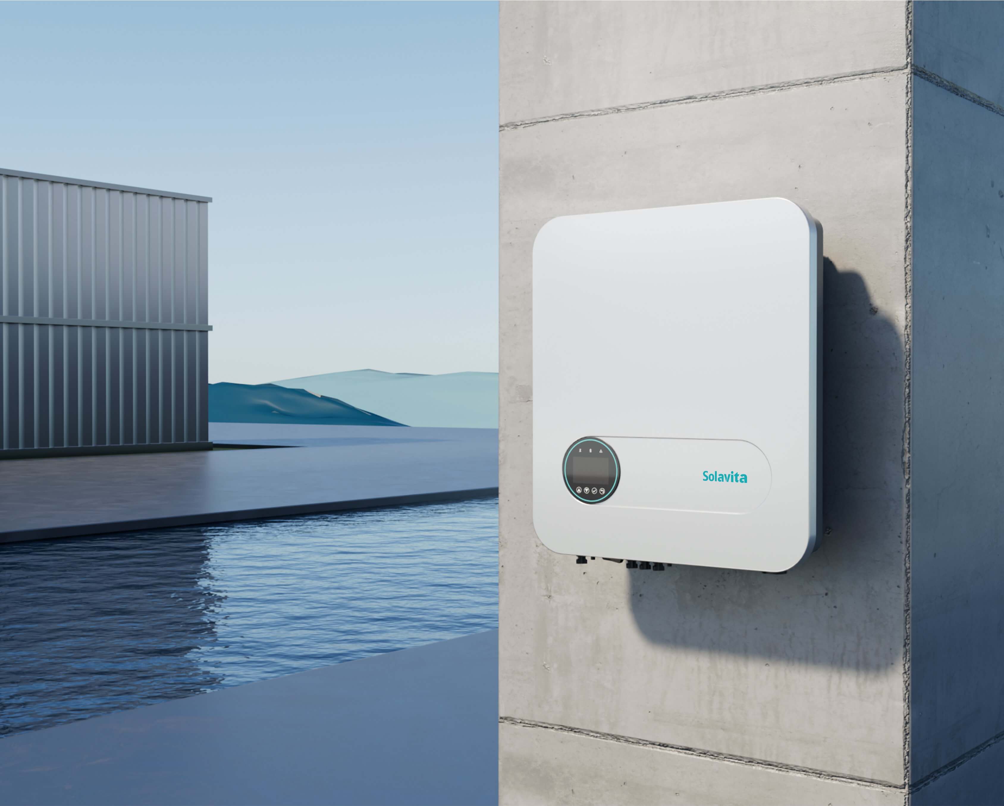 A Solavita inverter installed on a concrete wall, set against a serene landscape with a container in the background, clear skies, and calm water reflecting the surroundings