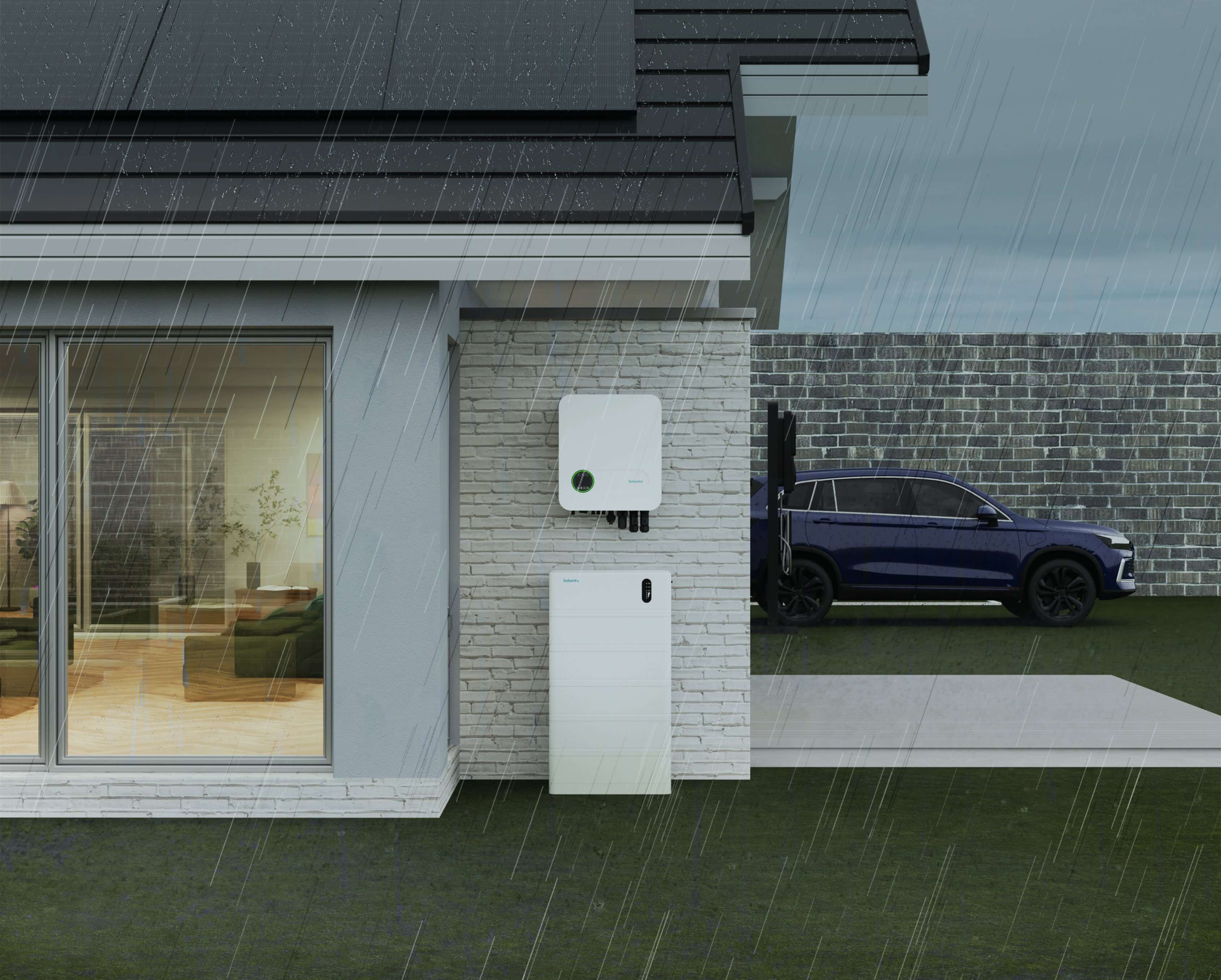 A Solavita inverter and energy storage unit are mounted on the exterior wall of a modern home, with rain pouring down. The house has large windows revealing a cozy interior, and a blue car is parked nearby in the driveway with a brick wall in the background