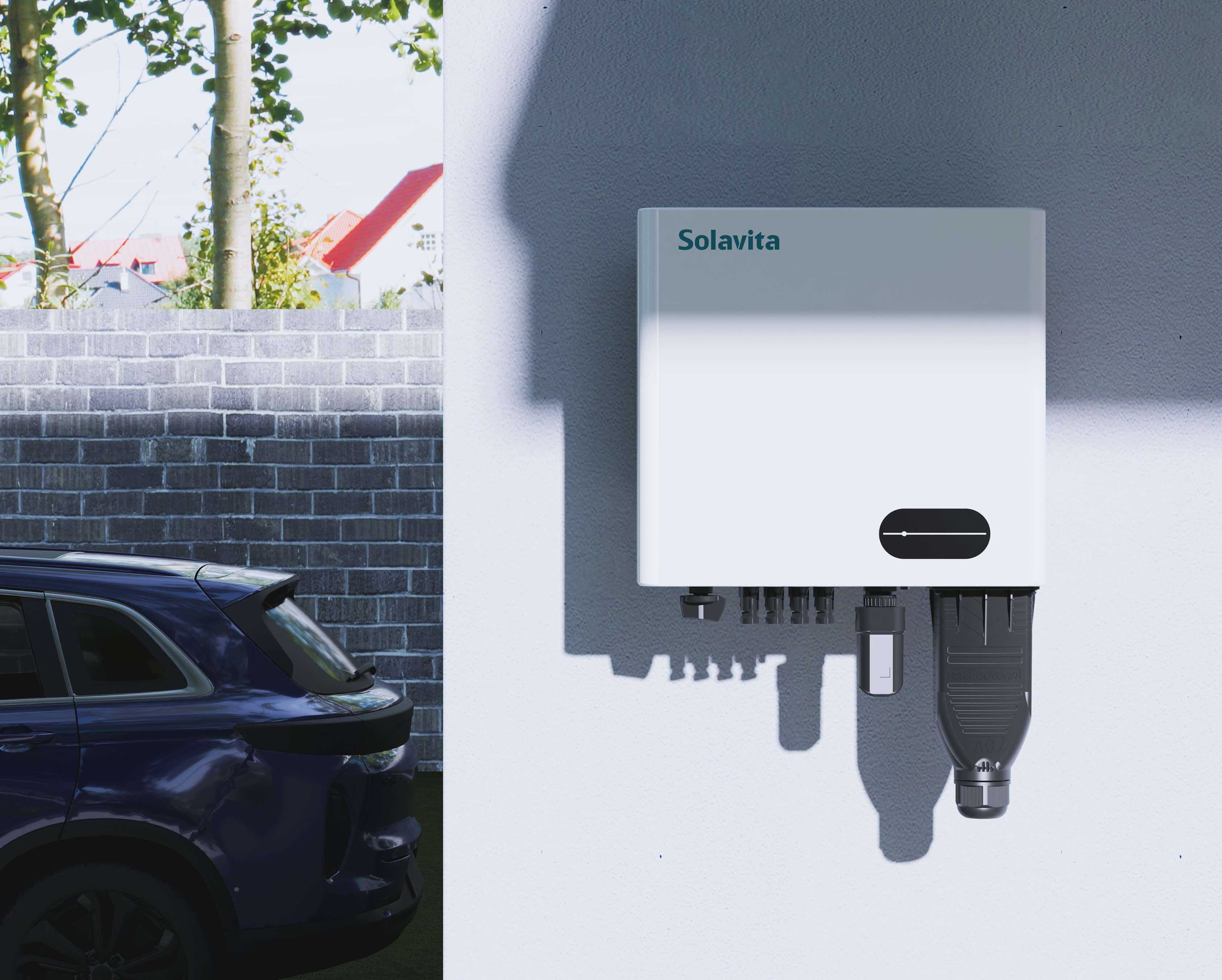 Solavita C&I inverter mounted on the wall with a car in the foreground, showcasing its compact design and robust performance for commercial and industrial applications.