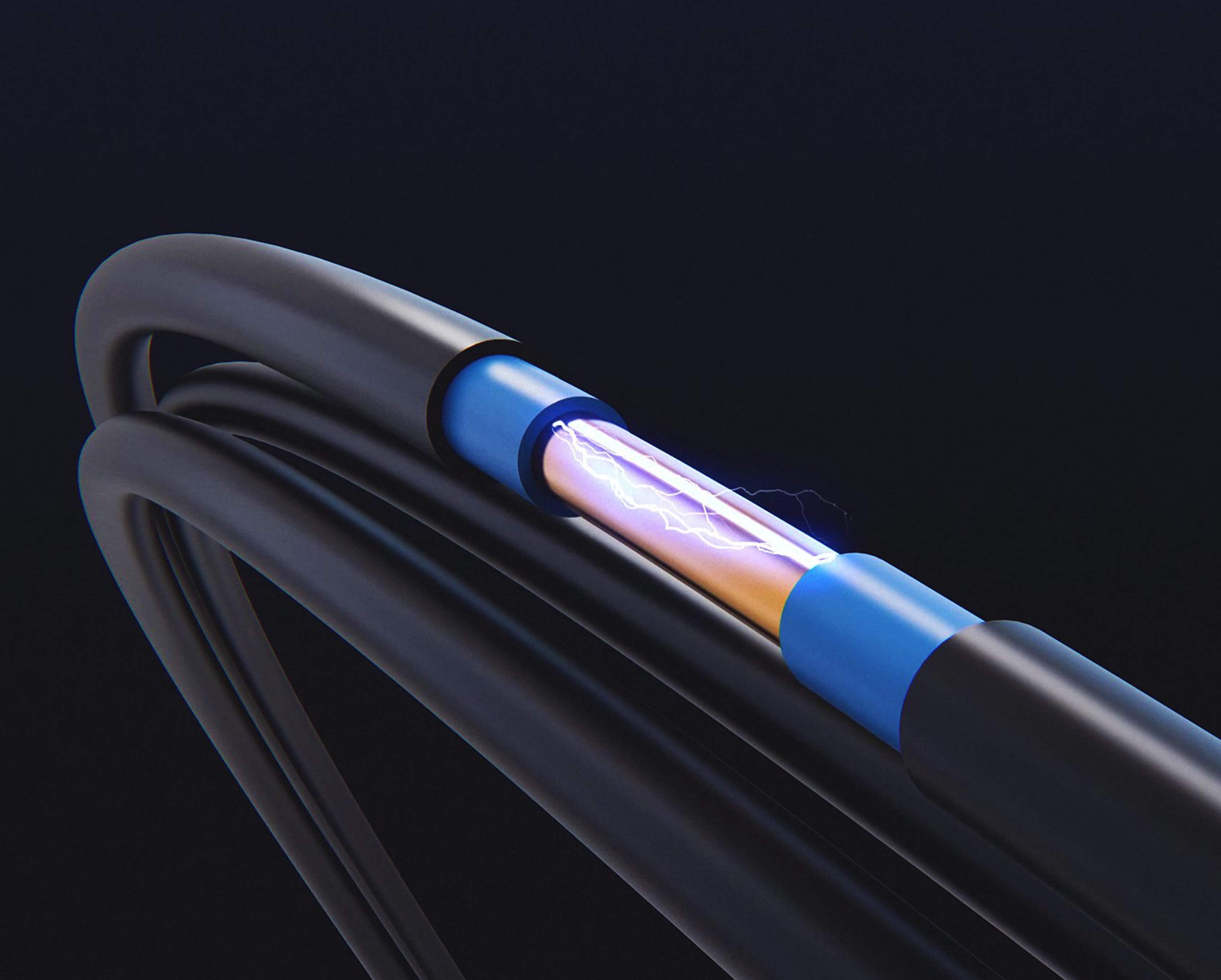 Close-up of solar cable with a blue insulator and visible electric arc inside, demonstrating high-efficiency power transmission with advanced protection and safety features