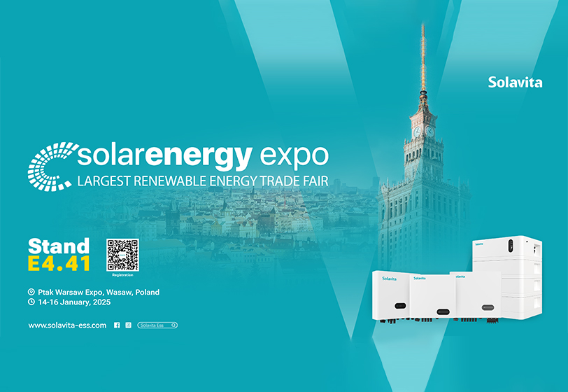 Solavita exhibition poster for Solar Energy Expo 2025 in Warsaw, Poland, featuring energy storage systems and the Palace of Culture and Science in the background