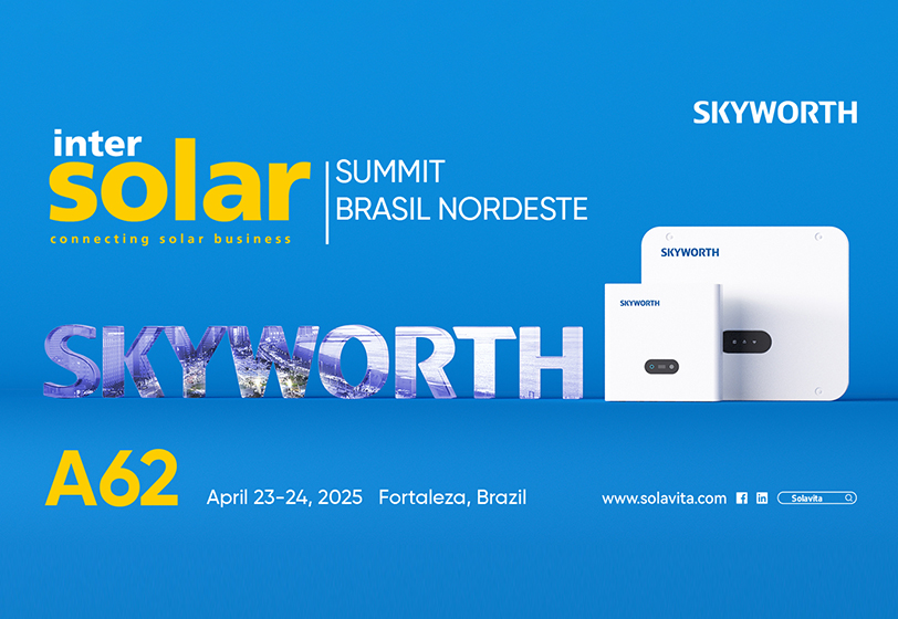 Promotional poster for Intersolar Summit Brasil Nordeste 2025, highlighting Skyworth's participation at booth A62 in Fortaleza, Brazil, on April 23–24, 2025. The visual features Skyworth-branded solar inverters against a blue background, with the text "connecting solar business" and "SKYWORTH" rendered in bold 3D effect.