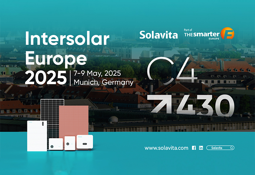 Solavita poster for Intersolar Europe 2025 in Munich, Germany, showcasing solar panels, hybrid inverters, and energy storage systems with booth number C4.430