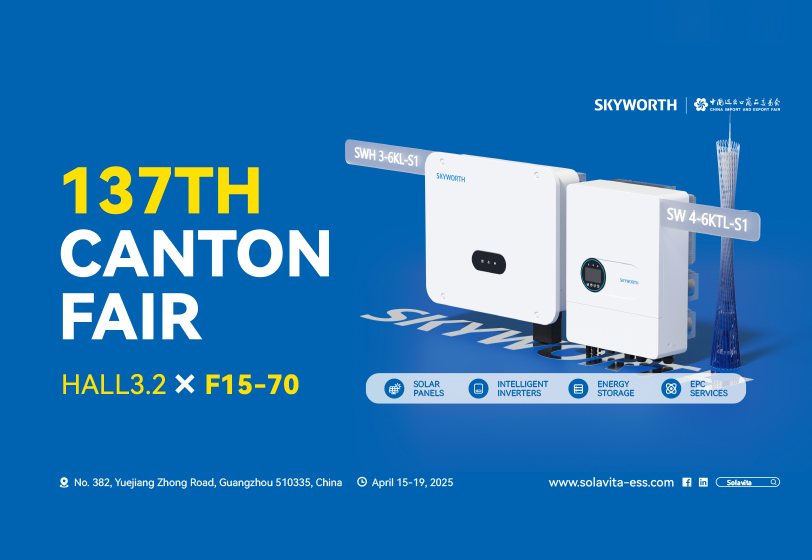 Promotional poster for the 137th Canton Fair 2025 in Guangzhou, showcasing Skyworth's booth F15-70 at Hall 3.2, featuring solar inverters (SWH 3-6KL-S1 and SW 4-6KTL-S1) and product categories including solar panels, intelligent inverters, energy storage, and EPC services.