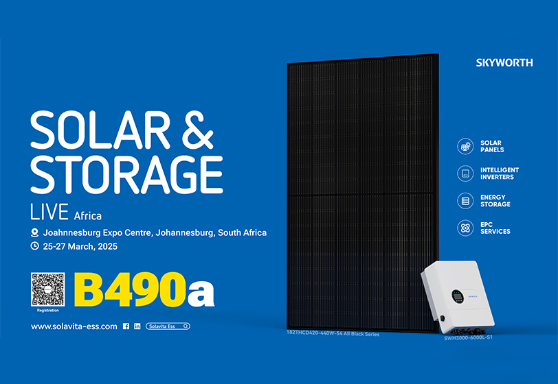 Solavita poster for Solar & Storage Live Africa 2025 at Johannesburg Expo Centre, showcasing black solar panel and hybrid inverter.