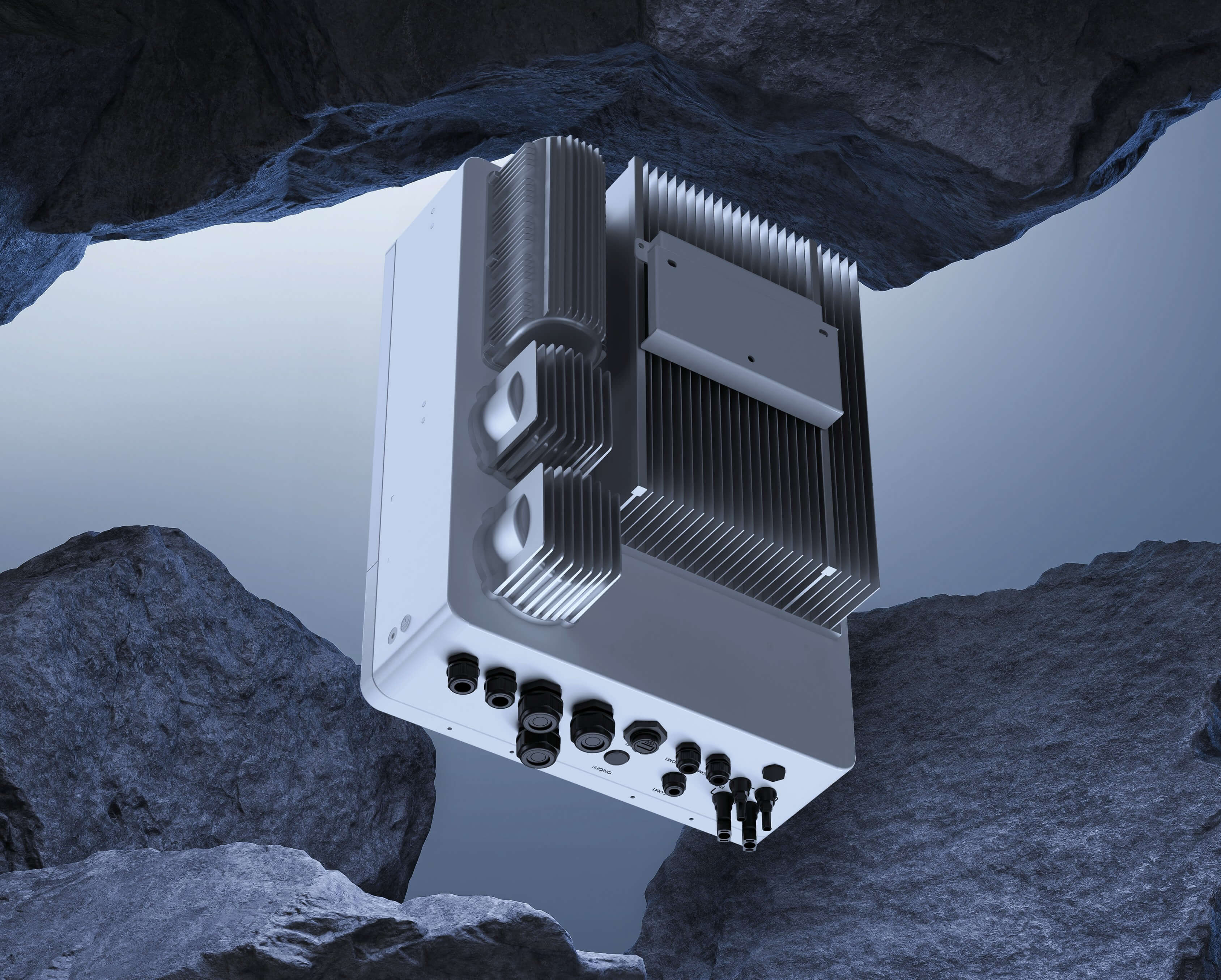 Solavita inverter in a rugged environment, highlighting its robust aluminum heat sink design and multiple input/output connectors, showcasing its durability and high-performance capabilities