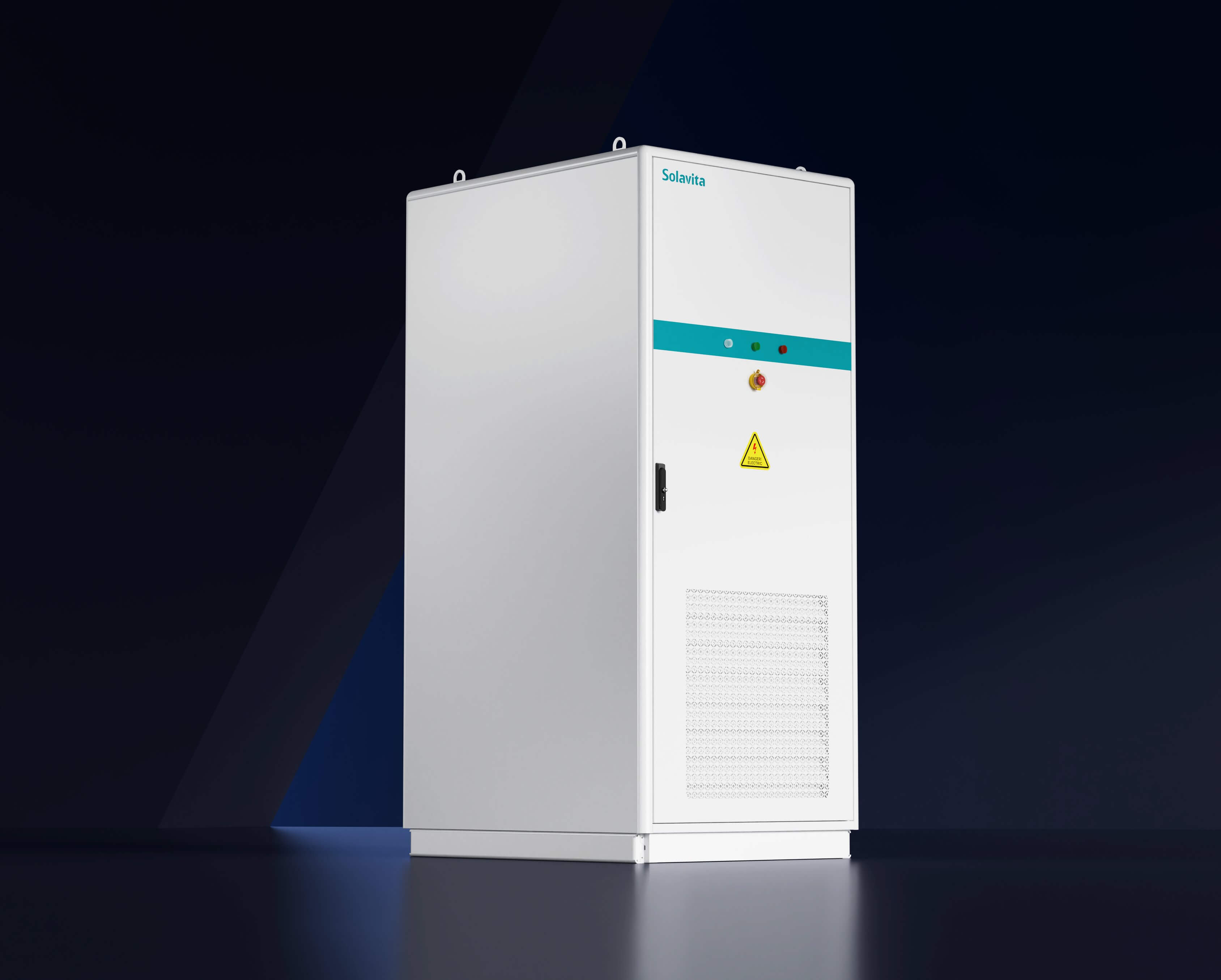Solavita energy storage cabinet, designed for commercial applications, featuring a sleek white exterior with safety indicators and ventilation slots, ensuring efficient and secure energy storage management