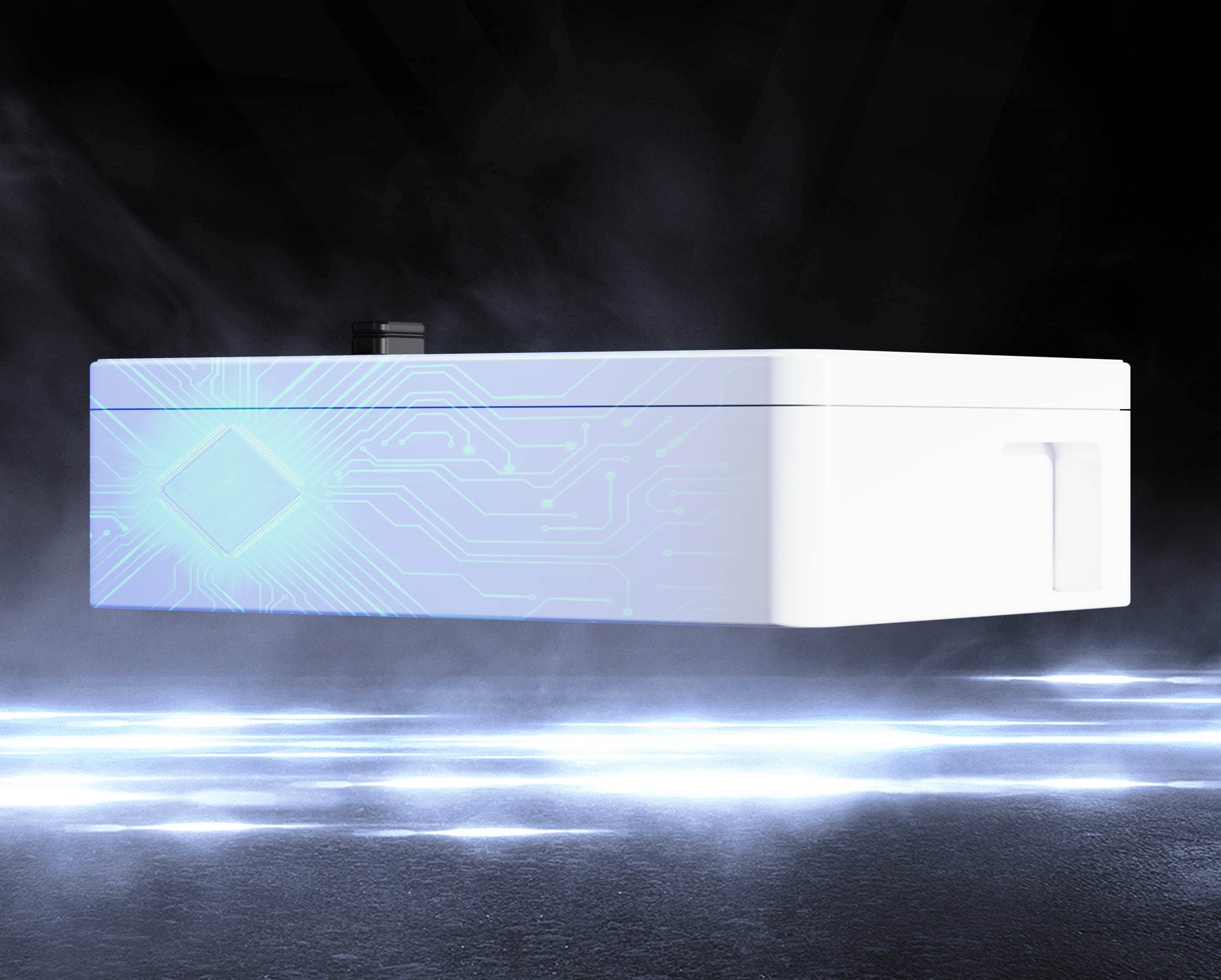 A Solavita energy storage unit with glowing blue circuit patterns, hovering in the air over a misty surface, symbolizing cutting-edge technology and innovation