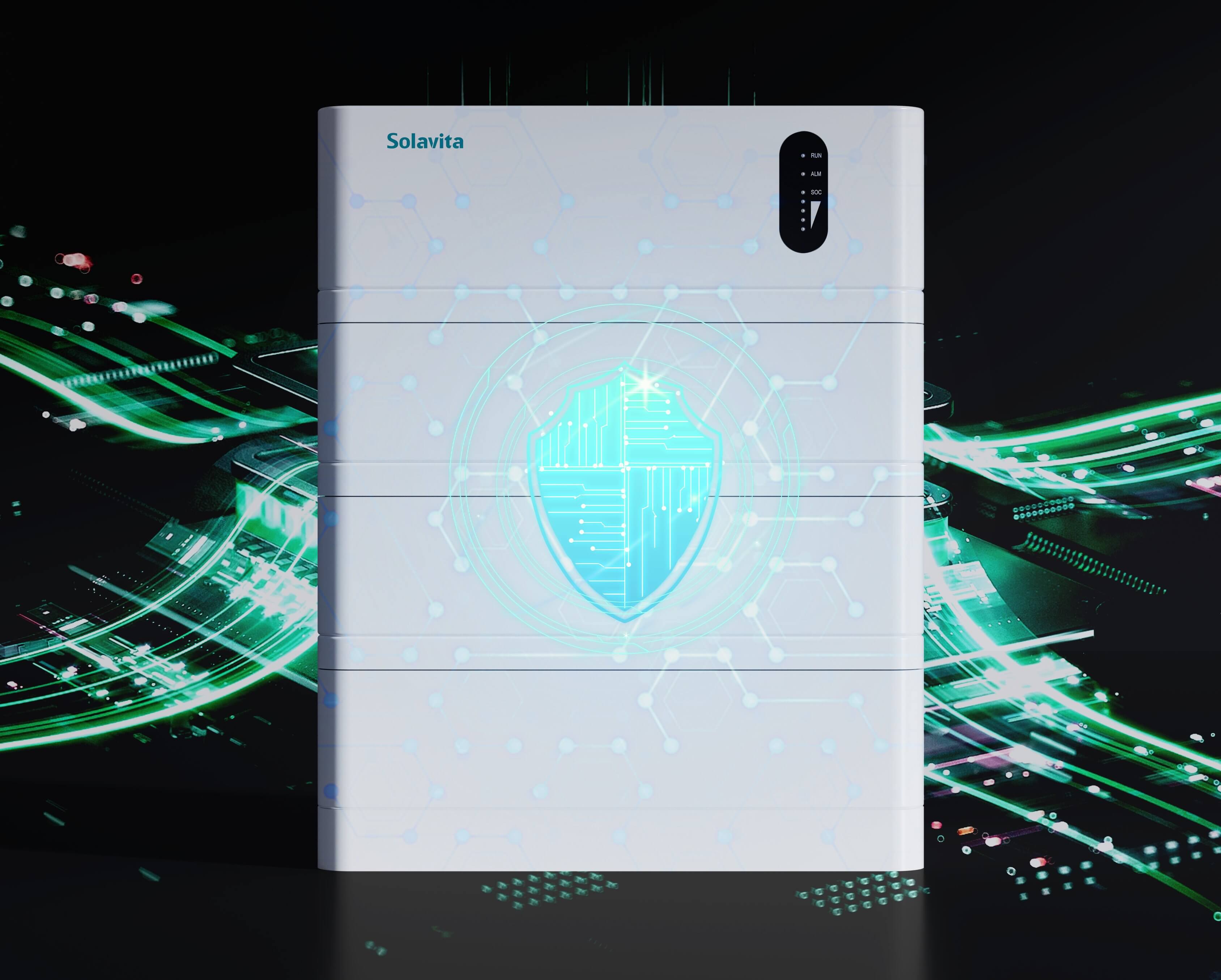 A Solavita energy storage unit illuminated with a digital shield design, symbolizing advanced protection and security, against a dynamic backdrop of green and blue neon circuitry, conveying a modern and high-tech aesthetic.