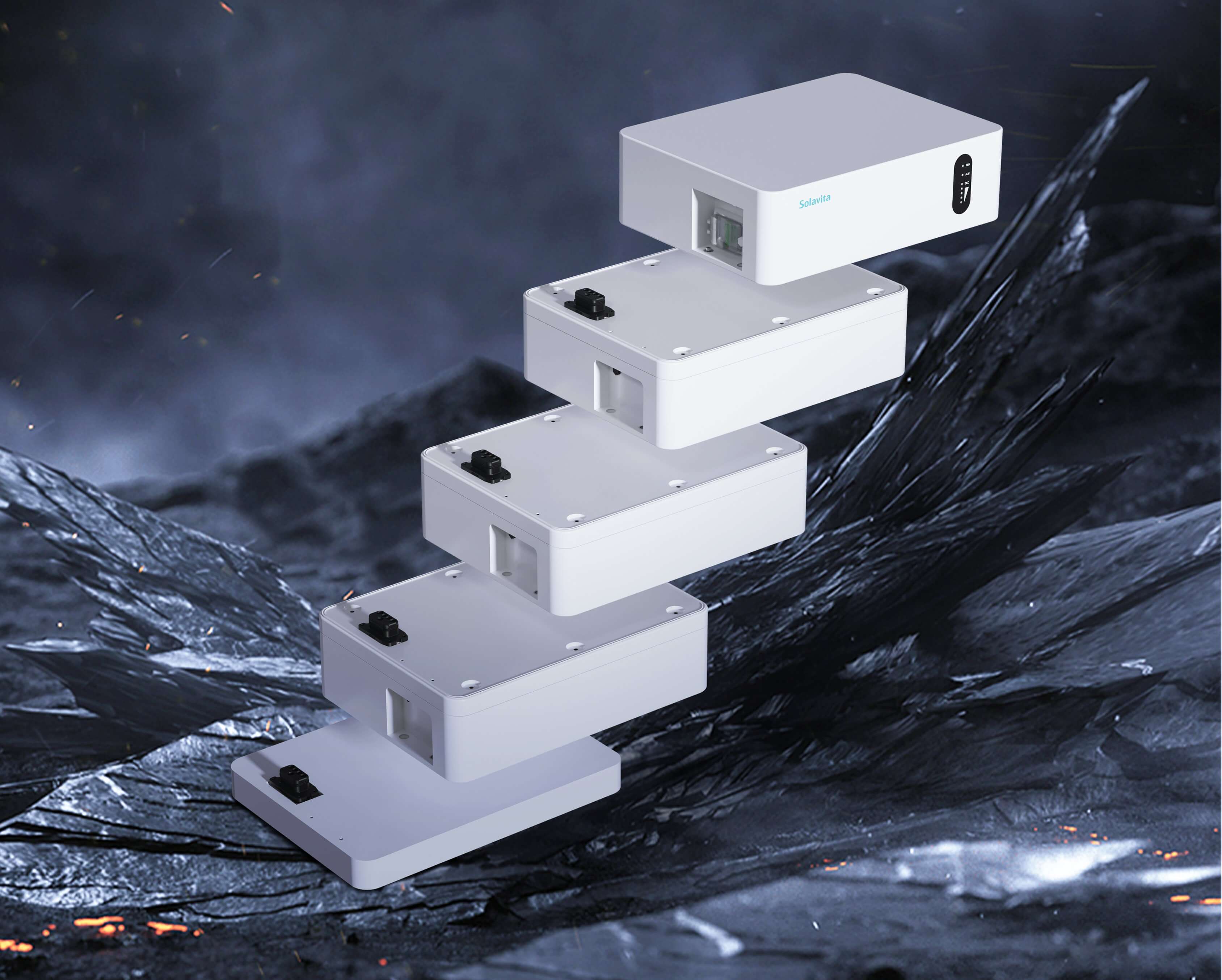 Stacked Solavita energy storage units, arranged in a tower formation with a dramatic, dark, and rocky background, highlighting their modular design.
