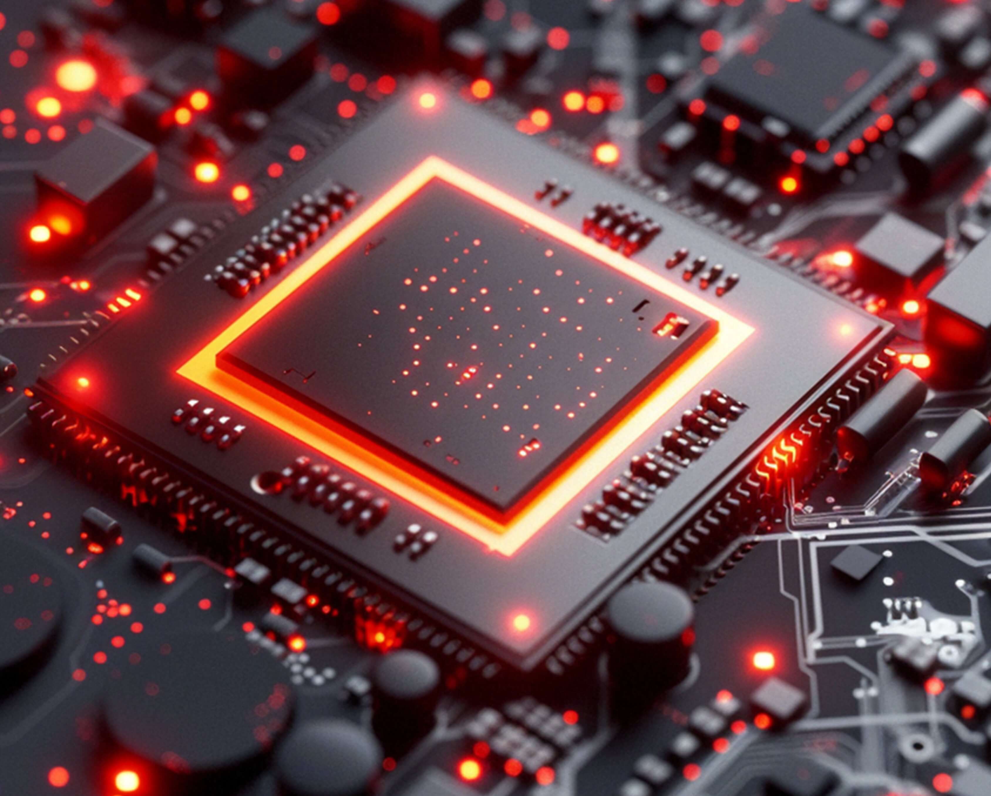 Close-up view of a black and red microchip circuit board with glowing red lights, showcasing intricate electronic components and complex wiring, emphasizing high-tech and advanced semiconductor design