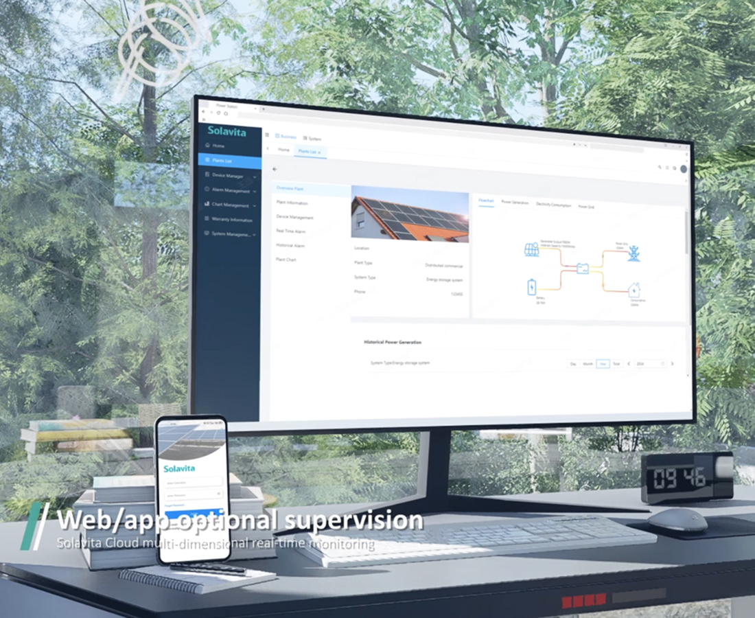Solavita Cloud web and mobile dashboard for real-time solar energy system monitoring, featuring plant data and power flow diagrams