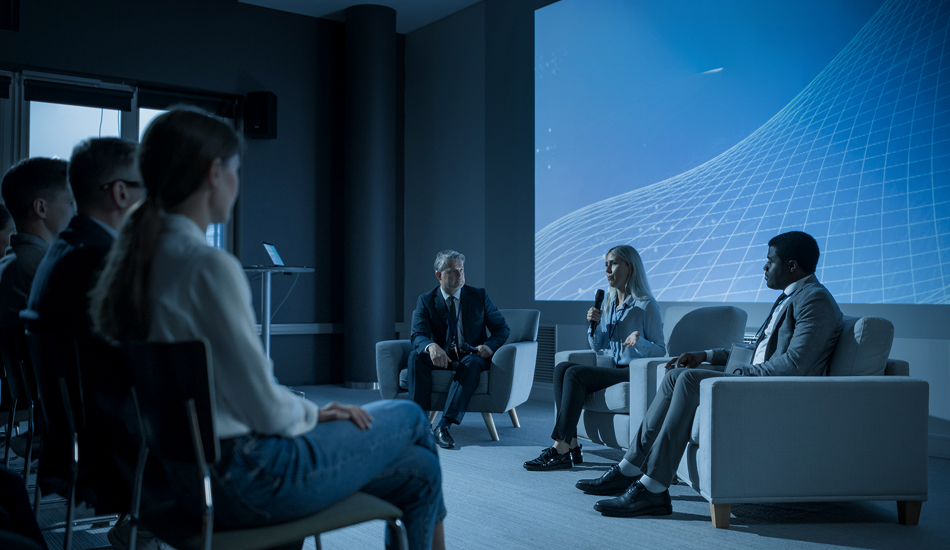 Business forum panel discussion with professionals on stage and audience listening, in a tech-themed conference setting with digital display