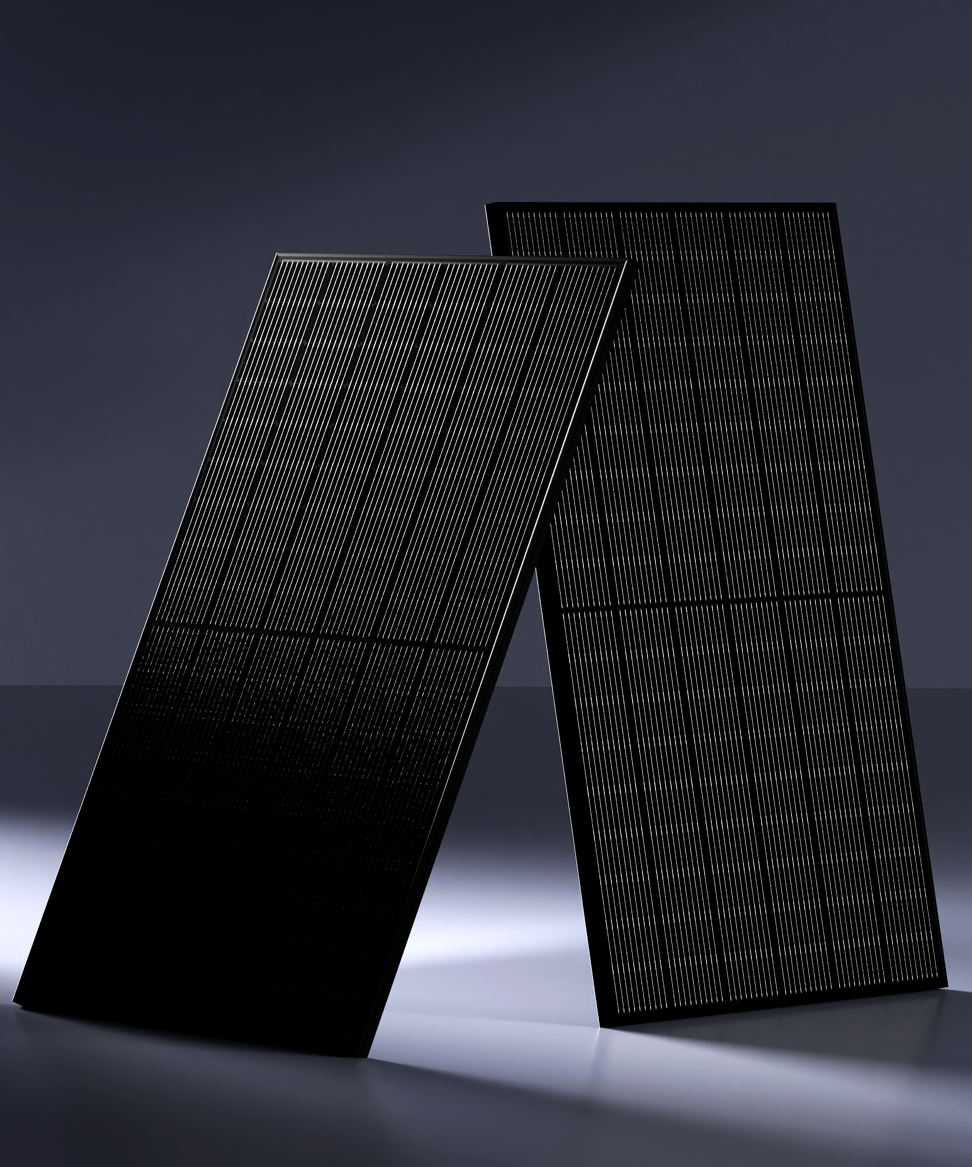 Two Solavita all-black solar panels displayed in minimalistic studio lighting