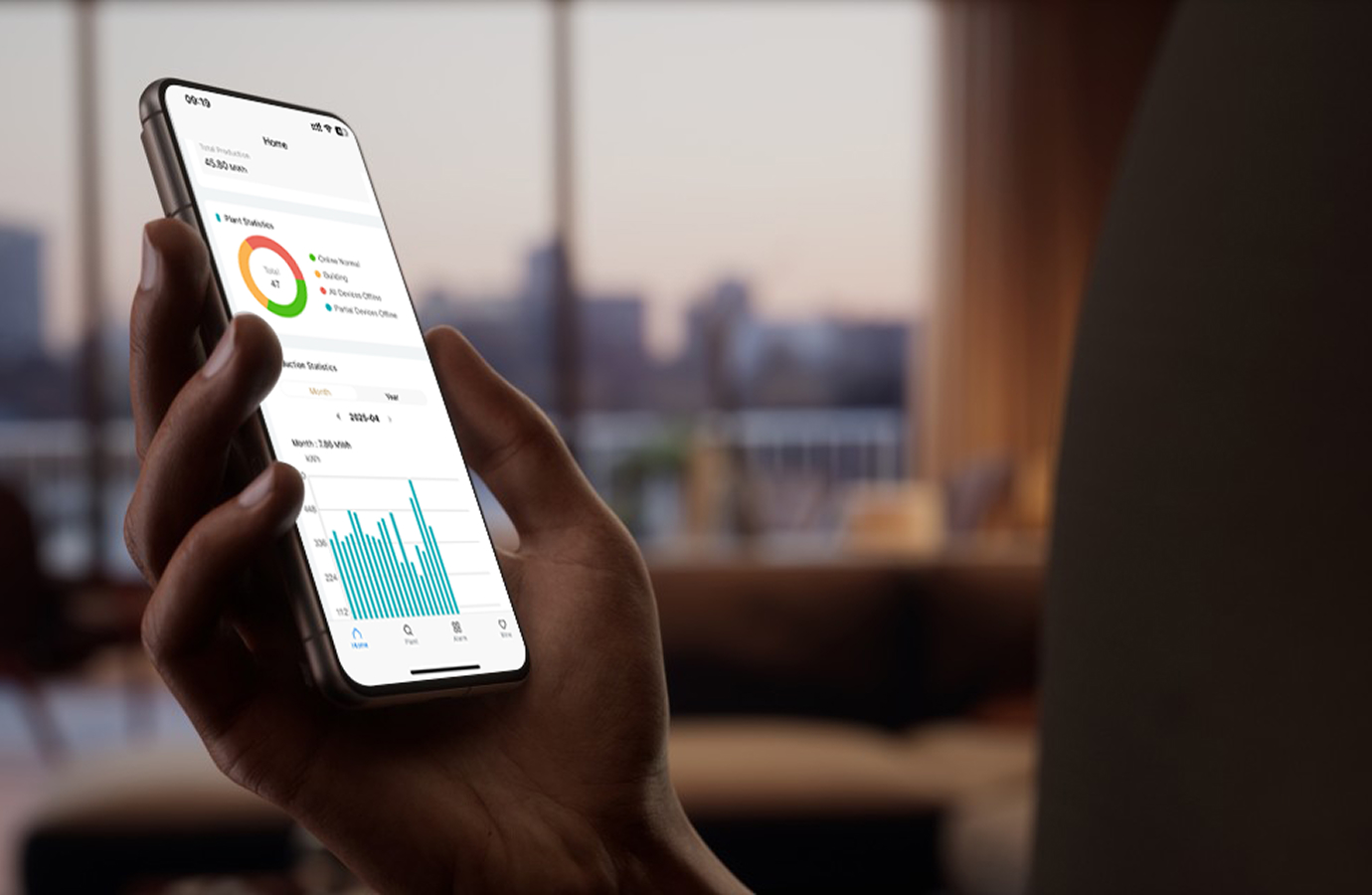 User checking solar system performance data on Solavita app on smartphone, displaying energy consumption statistics and charts in a modern home setting