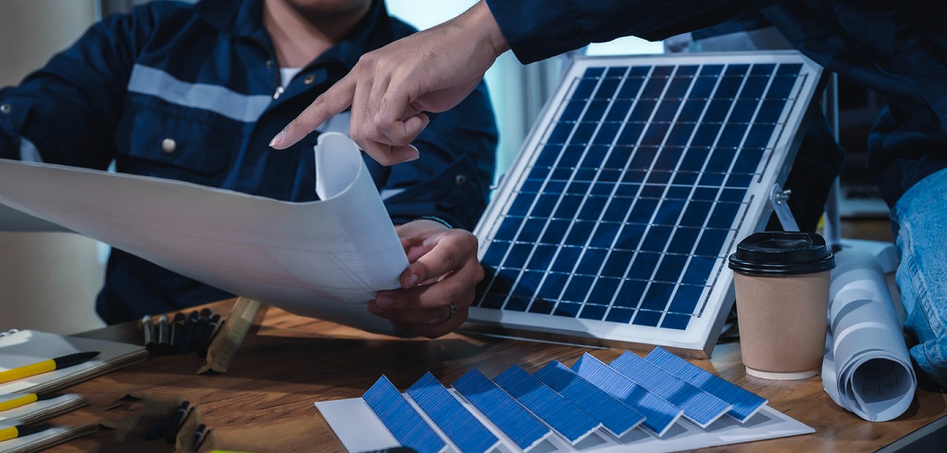Two engineers discussing a solar energy project, one holding architectural blueprints and pointing, the other reviewing the plans. A solar panel and a cup of coffee are placed on the desk, with solar cells and a rolled-up blueprint in the background, suggesting a collaborative work environment.