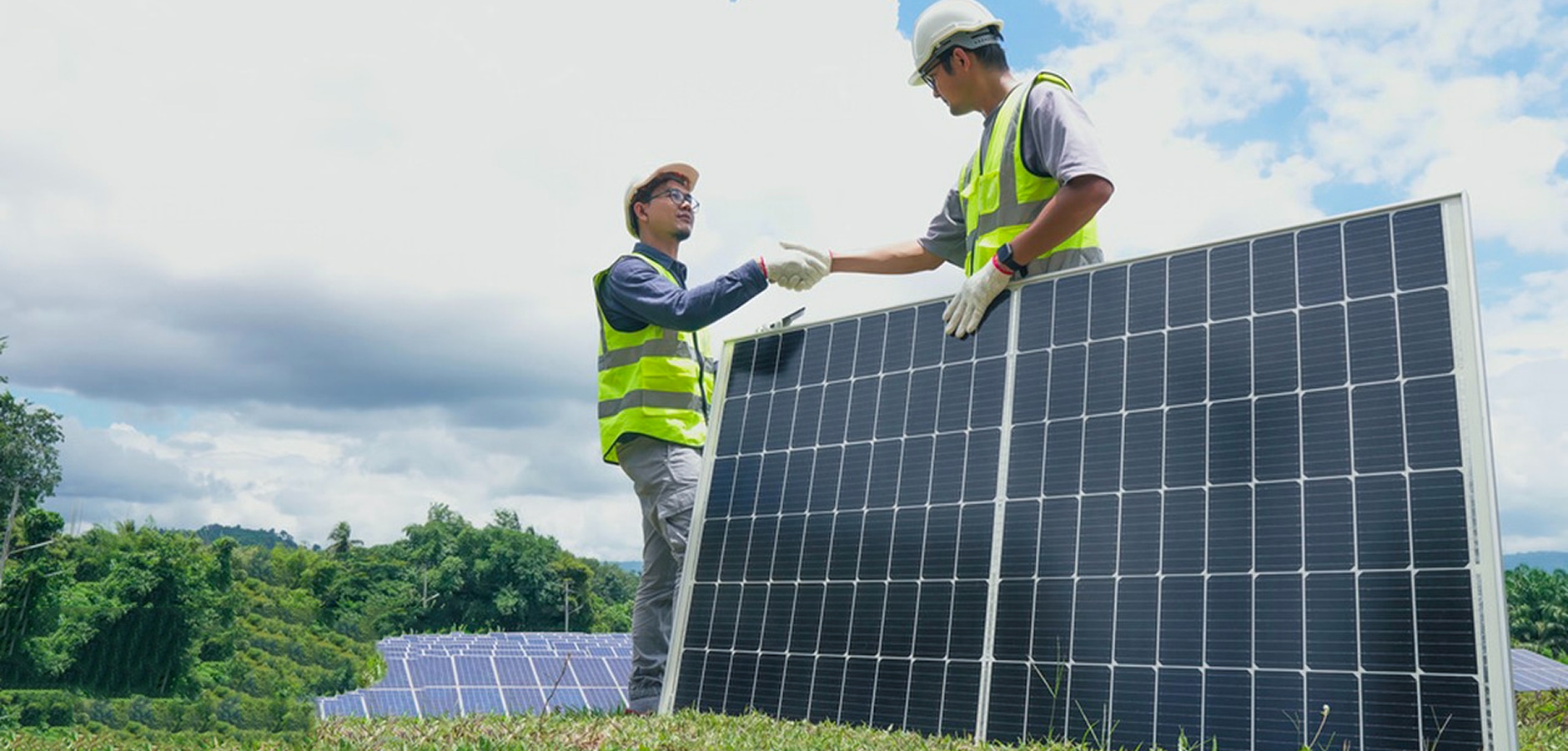 Solavita solar project engineers installing PV panels in rural area, promoting clean energy collaboration and sustainability