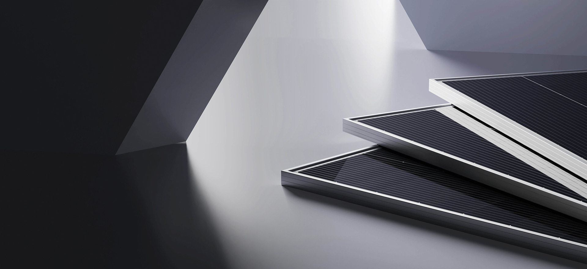 Solavita solar panels stacked in geometric indoor lighting setup with sharp contrast shadows