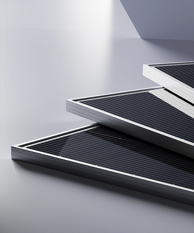 Stacked Solavita silver-frame solar panels displayed in a modern minimalist indoor environment