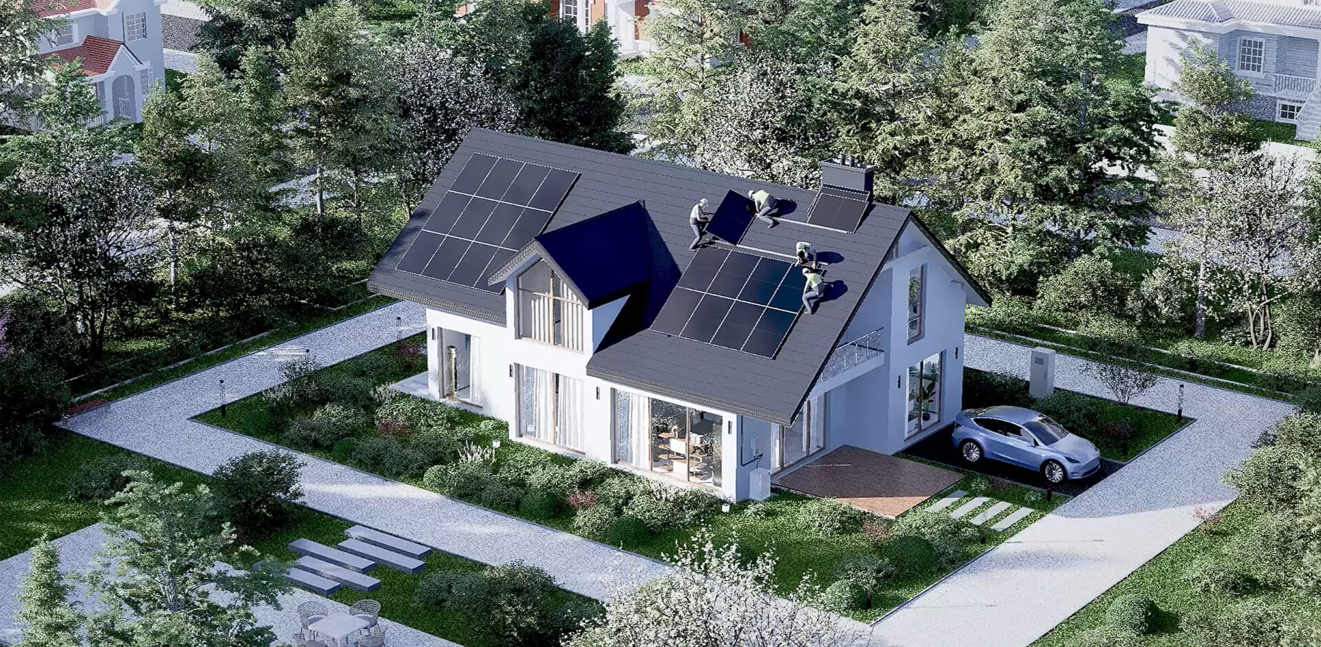 Solavita EPC team are  installing rooftop solar panels on modern European house, promoting clean residential energy solutions